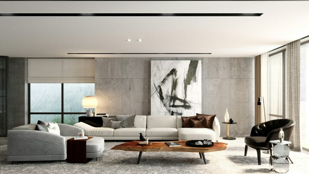 Floor-to-ceiling windows with motorised drapes