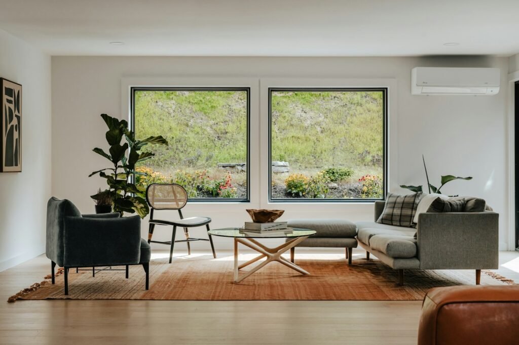 Living room with motorised curtain track
