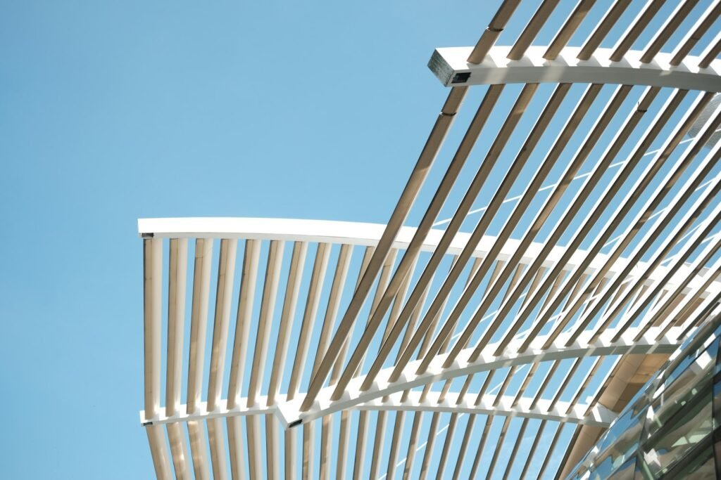 Modern aluminium awning against a clear sky
